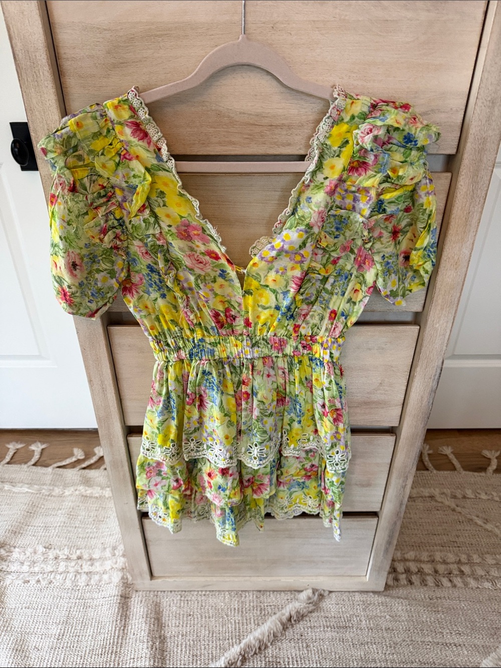 LoveShackFancy Yellow Floral Lace-Trim V-Neck Tunic